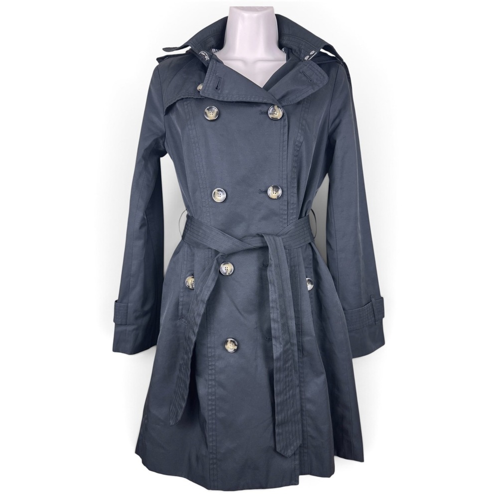 London Fog XS Petite Black Hooded Double Breasted Belted Trench Coat